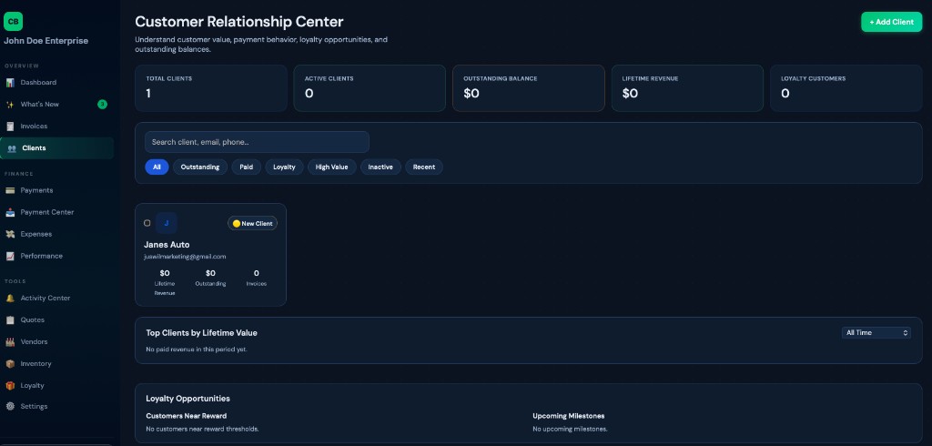Customer Relationship Center with client metrics and filters