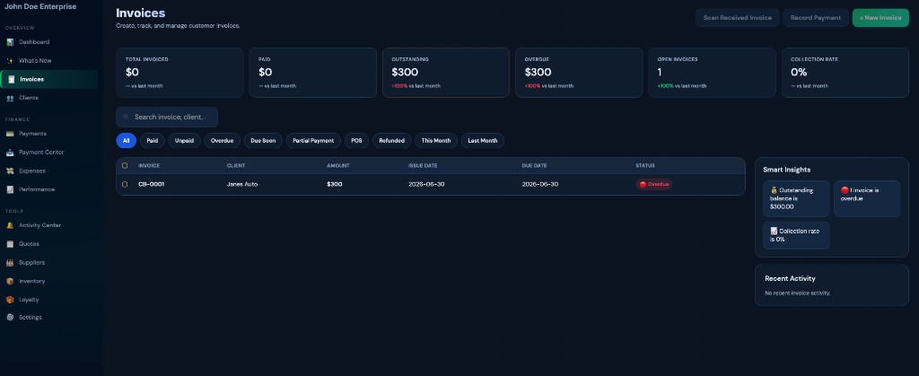 Cari-Bill Invoices center with totals, filters, invoice list and smart insights