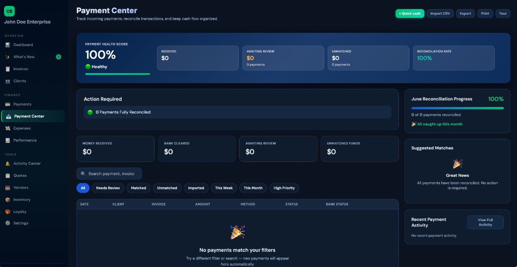Payment Center with reconciliation health and payment activity